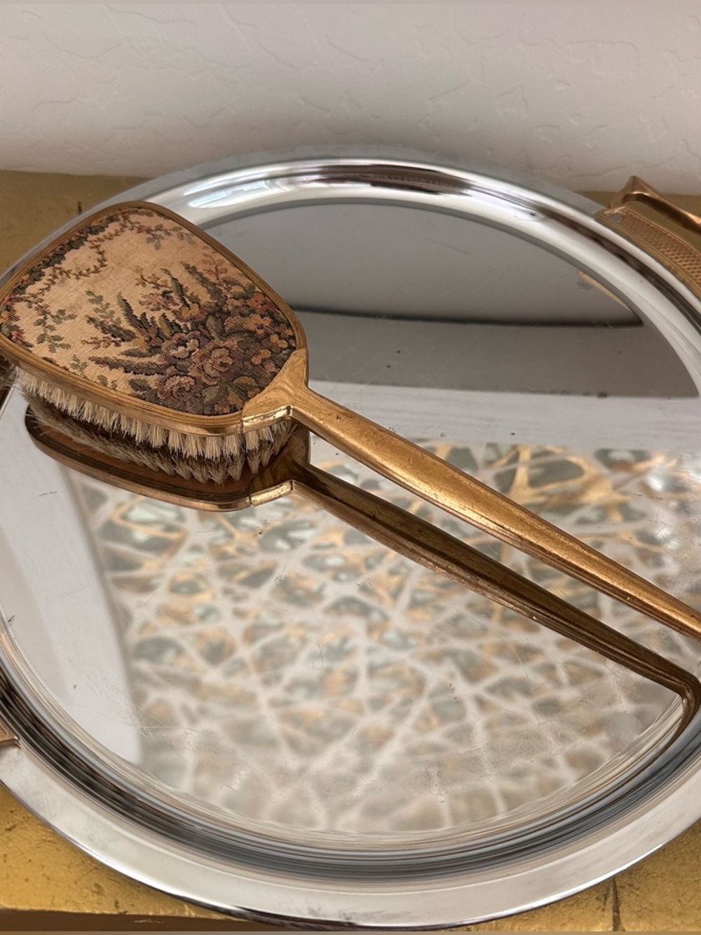 Vintage Vanity Brush “Golden Wheel” Floral Tapestry Gold Tone Handle Hair Brush